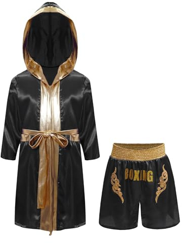 RUNQHUI Boxning badrock barn pojke Muay Thai MMA kickboxning boxning uniform set, Svart guld, 13-14 ans