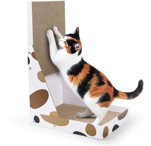 NATUYA L Shape Cat Scratching Board, 64 cm High Vertical Cat Scratcher with Roomy Box Bed, Cardboard Scratch Pad for Protecting Furniture Wall Couch