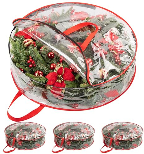 Paquete de 3 bolsas de almacenamiento para coronas de Navidad, 76 x 20 cm, organizador redondo grande de decoración navideña, PVC transparente con doble cremallera, contenedor de almacenamiento