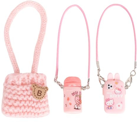CiuZikGok Set med 3 st docktillbehör ingår rosa stickad väska, kameraroberlock och vattenberlock för docka, utklädningstillbehör för 17 cm docka, miniträkt tillbehör