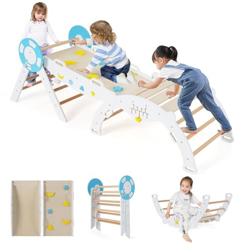 FANTASK Lot de 3 Triangles d'escalade 7 en 1 pour l'intérieur avec Toboggan, Arche d'escalade, avec Rampe Double Face et Ensemble de Briques de Construction, Triangle d'escalade pour Enfants à partir