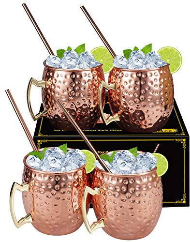 Hossejoy Set of 4 Copper Mugs with Straw Handmade Pure Copper Cocktail Drinking Mug Kitchen Cup for Dining & Entertaining, Great for Gift