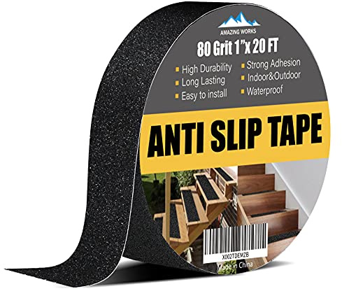 Grip Tape - Heavy Duty Anti Slip Tape 80 Grit Non Slip for Stairs Outdoor/Indoor, Waterproof High Traction Stairs Non Skid Treads, Durable Triple Layer Adhesive - Black (1 Inch x 20 Feet)