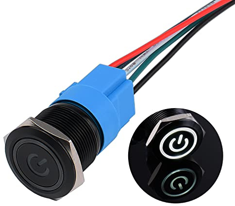 JIQI Tryckknappar 22 mm, 12 V till 24 V, 5 A, vattentät spärrbrytare av aluminiumlegering, IP66-klassad, 1NO1NC, förkopplad, svart på/av-brytare med LED-strömsymbol för motorcykel, båt, lastbil och