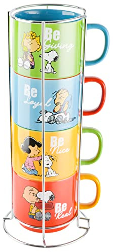 Peanuts Snoopy Gentle Reminders 15oz Stackable Mugs w/Metal Rack, Stoneware, 4-Pack, Assorted Colors