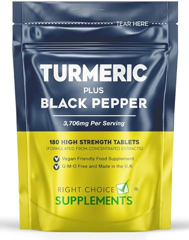 Turmeric Tablets 3200mg Per Serving with Black Pepper | 95% Curcuminoid Extract | 180 High Strength Curcumin Supplements Vegan Tablets | Piperine | UK Made