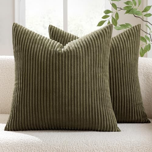 MIULEE Set of 2 Corduroy Cushion Cover 50x50 Olive green Sofa Cushions | Pillow Cases Sofa Modern Soft Decorative Couch Cushions With Hidden Zip