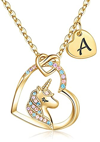 TINGN Collar de Unicornio Regalos para Niña, Chapado en Oro de 14 Quilates Inicial A Corazón Colgante CZ Unicornio Letra Collar Oro para Niñas Cumpleaños Unicornios regalos para Niña Mujeres Joyería