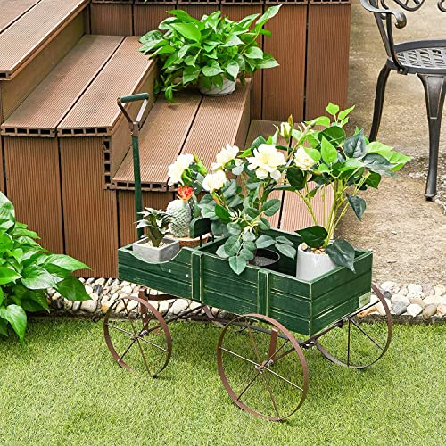 DORTALA Maceta de madera para carrito de jardín, con 2 secciones de plantación, mango ajustable, ruedas rodantes, caja de exhibición para suculentas, flores, verduras, verde