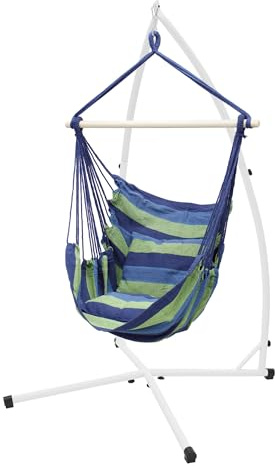 ECD Germany Silla Colgante con Soporte 208cm, Hamaca de Algodón Azul y Verde, 2 Cojines, hasta 120 kg, Columpio con Armazón de Metal, Asiento Colgante para Interior/Exterior Ideal para Jardín Terrraza