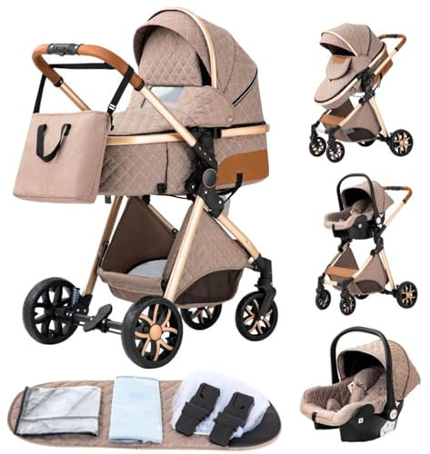 YAZOCO Passeggino Trio 3 in 1 Carrozzina Ovetto Pieghevole Set Viaggi Passeggino Neonato Sedili Parapiedi Zanzariere Carrozzina Multifunzionale (4 Khaki)