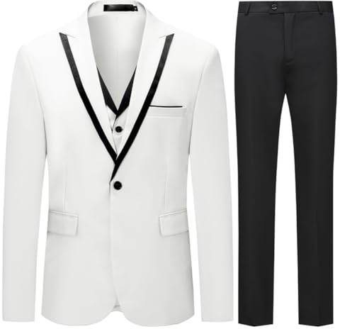Allthemen Abito da Uomo in 3 Pezzi Slim Fit Completo da Sposa con Un Bottone Blazer da Abito per Lavoro Gilet Pantaloni per Matrimonio Bianco M