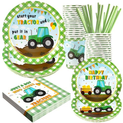 Tractor Party Supplies Decorations, Disposable Kids Birthday Paper Plates and Napkins Set with Cups and Straws for 24 Guests, 120 Pcs Party Dessert Dinnerware