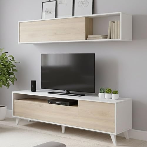 Dmora - Parete attrezzata Tambo, Composizione soggiorno, Mobile salotto multiuso, Armadio porta TV, 180x41 h180 cm, Bianco e Rovere