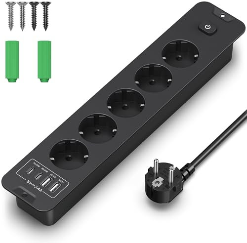 Tischplatte Versenkte Steckdose mit QC3.0 2 USB-A und PD-20W 2 USB Type-C,5 Fach-Einbausteckdose Mehrfachsteckdose,Tischsteckdose Mehrfachsteckdose für Tische und Möbel,2M Kabel,schwarz