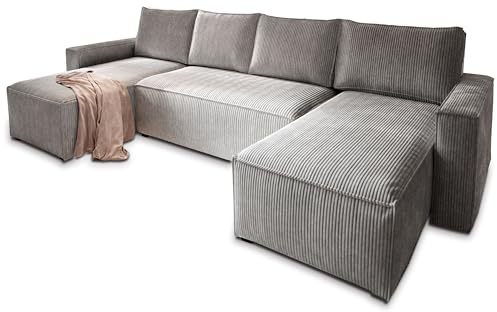 Masseno Ecksofa ASPRA mit Schlaffunktion U-Form, Sofa mit Bettkasten, Wohnzimmersofa, Couch, Soffa, Bettsofa, Couchgarnitur- Hellgrau, POSO 55