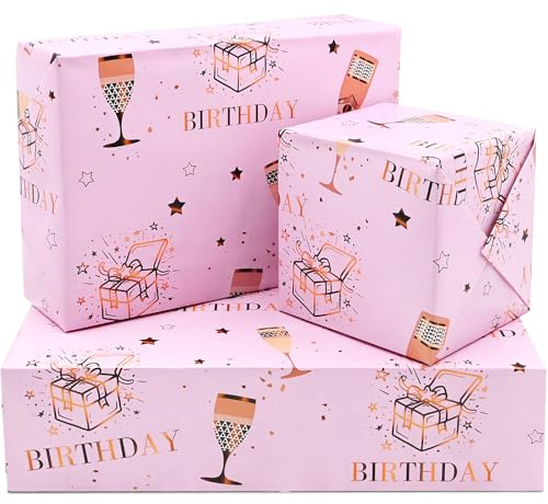 ADQUATOR Geburtstags-Geschenkpapierbögen, 50 x 70 cm, Roségold und Rosa, Happy Birthday-Geschenkpapier für Geburtstagsgeschenke, für Frauen und Damen (5 Blatt)