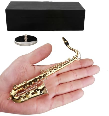 Sassofono in miniatura con supporto e custodia, modello tenori, decorazione da scrivania, statuette per la casa delle bambole accessori per la casa delle bambole in miniatura durevole con supporto e