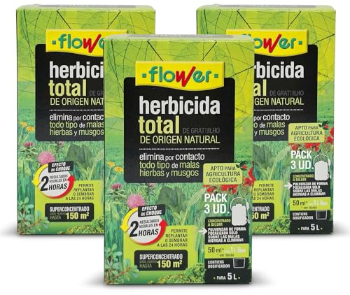 FLOWER x3 Herbicida Total Ecológico Origen Natural 450 m² | Elimina Malas Hierbas y Musgos | Alternativa Glifosato | Resultados 2 Horas | 750ml + Dosificador Diluir 15L Agua | Súper Concentrado