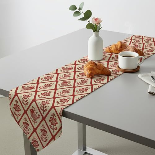 Dark Red Floral Leaves Bird Diamond Table Runners Table Runner Short Turner for Dining Holiday Decorations for Home Wildflower Party Decorations Home Kitchen Dining Holiday Decor 13 × 70 inch
