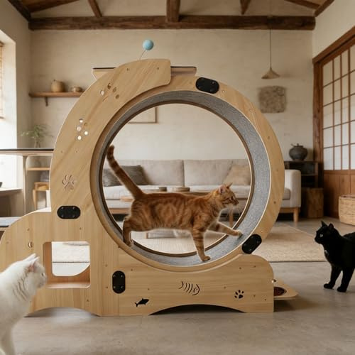 55 Large Cat Wheel for Indoor Cats, 6-in-1 Multifunctional Cat Treadmill with Cat Bed, Scratching Board, Detachable Mat, Climbing Frame & Toys, Ideal for Running, Walking & Daily Training