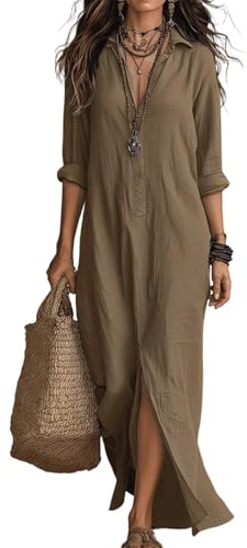Women's Button V Neck 3/4 Sleeve Shirt Dress Elegant Summer Casual Solid Color Work Dresses Roll-up Sleeve Maxi Dress with Split,Yellow,S