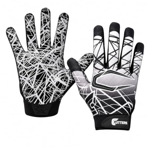 Cutters Football Gloves - Game Day Football Receiver Gloves with High Tack Silicone Grip, Superior Support and Protection - Black and White - Youth-X-Small
