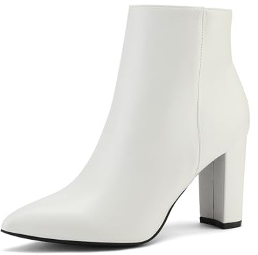 DREAM PAIRS Women's Chunky Heel Ankle Booties Pointed Toe Short Boots,Size 8.5,White/Pu,SIANNA-1
