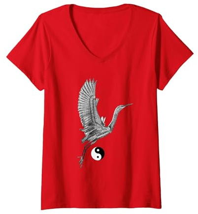 Femme Croquis de grue Tai Chi Yin Yang T-Shirt avec Col en V, Rouge, L