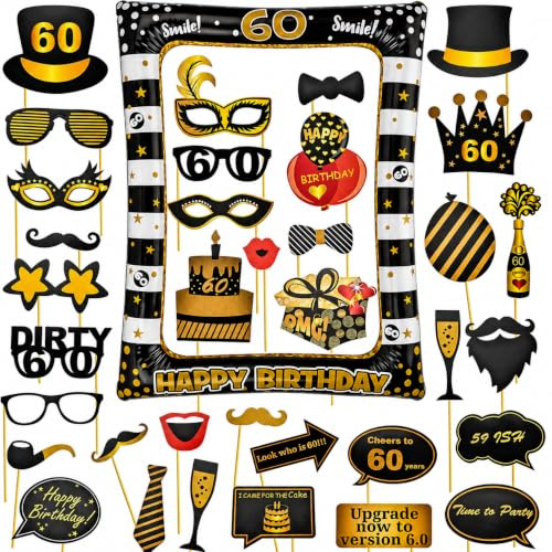 AIBAOBAO 60 Cumpleaños Photo Booth Props, 35 Piezas Kit + 1 Marco Photocall Atrezzo Selfie Inflable para Decoración de Fiesta DIY, Cumpleaños Fotocall, Accesorios para Cabina de Foto