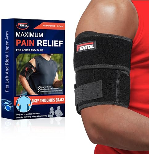 FEATOL Bicep Tendonitis Brace Compression Sleeve Support, Upper Arm Brace Tricep Bicep Support Bands for Men and Women, Arm Wrap Pain Relief for Muscle Strains and Inflammation(Black, Large)