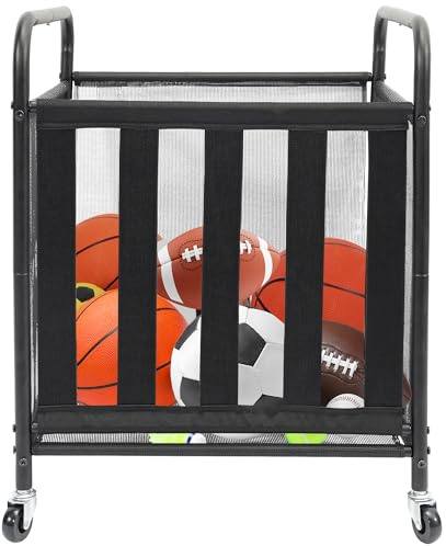 STO STO Rolling Sports Ball Storage Cart, Lockable Basketball Cage with Elastic Straps, Sport Equipment Holder Organizer for Indoor Outdoor, Steel Storage Rack for Playgroud and Gym, 1 Pack, Black