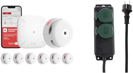 X-Sense XS01-M ProConnected Rauchmelder mit SBS50 Basisstation & REV Steckdosenleiste, wasserdicht IP44, für Outdoor Lichterkette, Gartensteckdose 2fach, 1,4m max. 3500W, schwarz