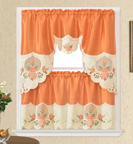 GOHD Rose Melody. 3pcs Kitchen Cafe Curtain Set. Swag and 24 inches Tiers Set for Small Windows. Nice Matching Color Rose Embroidery on Border and Inserted Organza. (Orange)
