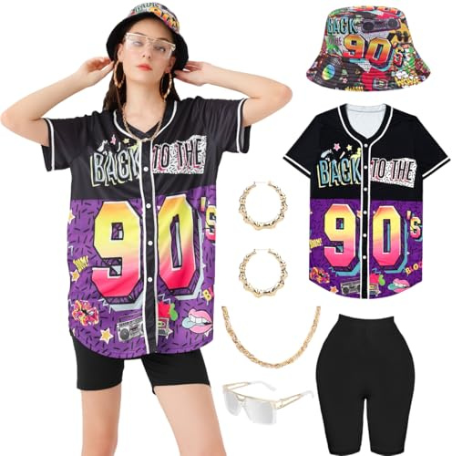 Vestito da donna anni '80 e '90, unisex, stile hip hop, maglietta da baseball, pantaloni da yoga, cappello a secchiello, catena dorata, accessori rapper, Nero (cappello modello)-anni '90, Large