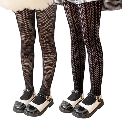 LOLANTA Lot de 2 Collants Résille Fantaisie Fille à Motifs, Collants Enfant Dentelle Ajourée pour Fête, Cœur Noir + Épi Noir, 8-12 ans, L