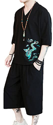 Traditioneller chinesischer Kampfsportanzug, Herren-Set aus T-Shirt und Hose mit chinesischer Drachenstickerei, Sommer-Trainingsanzug aus Baumwolle und Leinen, 2-teiliges Outfit, traditionelle Kampfsp