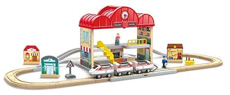 Hape Portable Wooden Train Station Set, Children's Train Set, Rails, Train Station and Characters, Easy to Carry