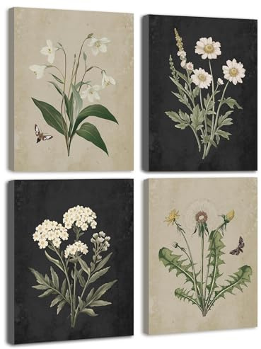 KUVIOKE Vintage Botanical Boho Framed Wall Art Set of 4 Piece Antique Flower Prints Farmhouse Retro Plants Rustic Artwork Bathroom Kitchen Home Decor Ready to Hang 8x10inx4pcs (Framed)
