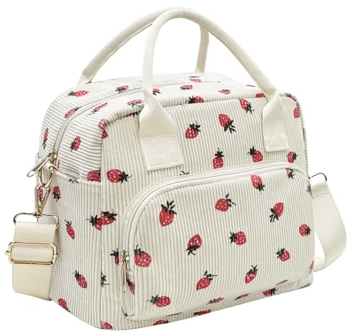 lifwimner Insulated Lunch Bag for Women Men 10L Large Corduroy Lunch Box Soft Reusable Cooler Cooling Tote for Work Picnic Beach (Beige Berry)