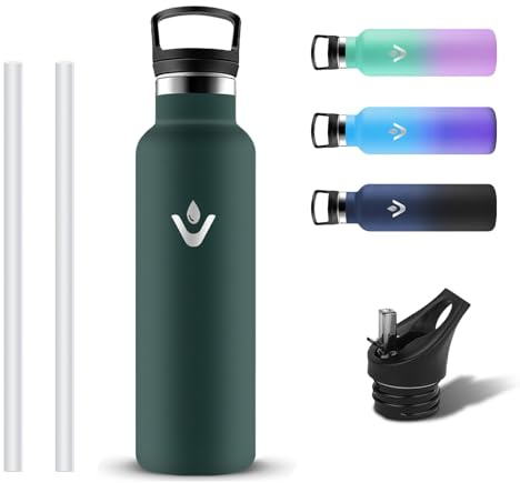 Grsta Botella Agua Acero Inoxidable 500ml, Prueba de Fugas Botella Agua Niños con 2 Tapones, Termo con Pajita y Filtro, Reutilizable Cantimplora Termica sin BPA para Gimnasio, Escuela, Exterior, Hogar