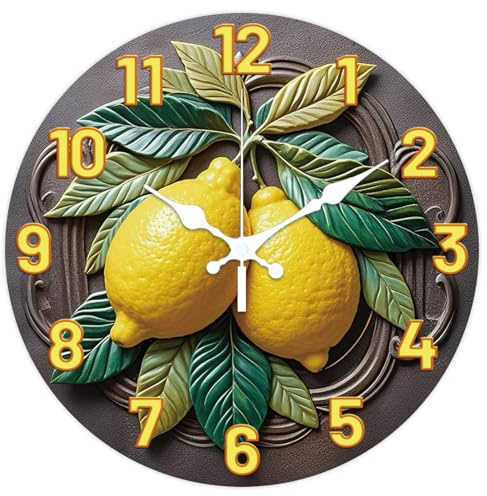CHGCRAFT 3D Relief Lemon Pattern Wall Clock 12 Inch Non-Ticking Clocks Round Wall Hanging Clock Battery Operated for Bedroom Living Room Kitchen Office
