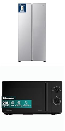 Bundle of Fridgemaster MS83430ES American Side by side Door Fridge Freezer 441L, Total No Frost, Inverter compressor, Silver, + Hisense 700 Watts 20 Litre Inverter Microwave Oven H20MOBP1HIUK Black