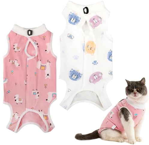 2 Pack Cat Recovery Suit, E-Collar Alternative Breathable Cat Surgery Recovery Suit Anti-licking Onesie for Kitten Medical Care Spay Abdominal Wounds or Skin Diseases Female Pajama Suit