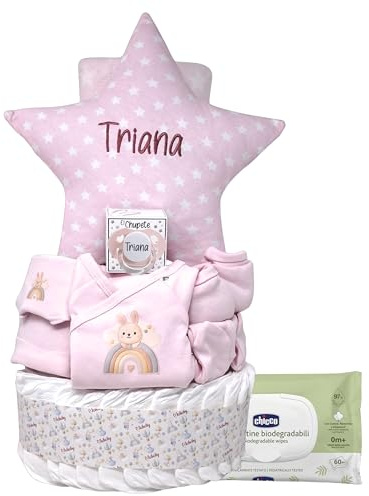 Mababyshop Tarta de Pañales Personalizada Stars, Cojín y Chupete (Rosa)