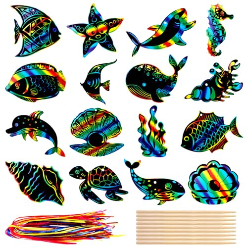 JOLCEEY Lot de 64 images à gratter d'animaux marins pour enfants - Papier à gratter pour bricolage - Arc-en-ciel - Pour travaux manuels, fête, cadeau, anniversaire d'enfant, décoration sur le thème de