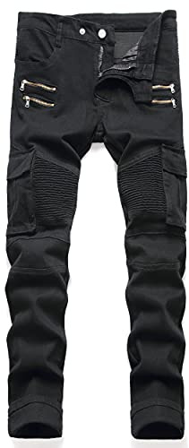 AITITIA Men's Biker Zipper Deco Washed Straight Fit Jeans, 007 Black, 38