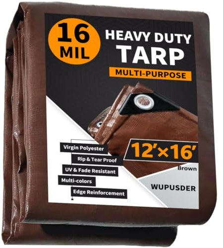 WUPUSDER Tarps Heavy Duty Waterproof 12x16ft, 16Mil Poly Tarps with Grommets, UV Resistant, Brown Multipurpose Tarpaulin with Reinforced Edges, Camping, Outdoor Coverings