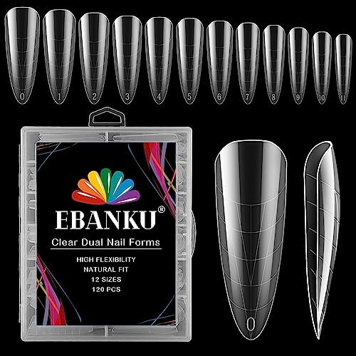 EBANKU 120 PCS Clear Full Cover Dual Nail Forms System Coffin Nail Mold Tips Acrylic Stiletto Nail Extension Tools for Nail Art Salon Nails Design