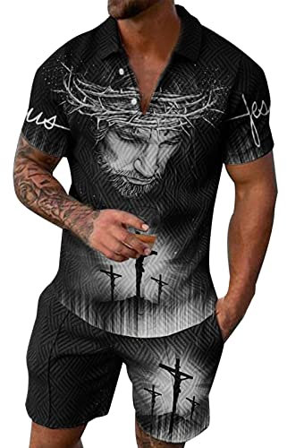 Modischer Freizeitanzug für Herren 2024, 2-teiliges Outfit, 3D-Kurzarm-Anzug-Shorts, Strand, tropisch, HawaiianSS, Sport-Shorts, Anzug, Sportanzug, Suiten für Jungen, Schwarz , XXL